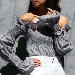 VICI Off the Shoulder Seersucker Print Top